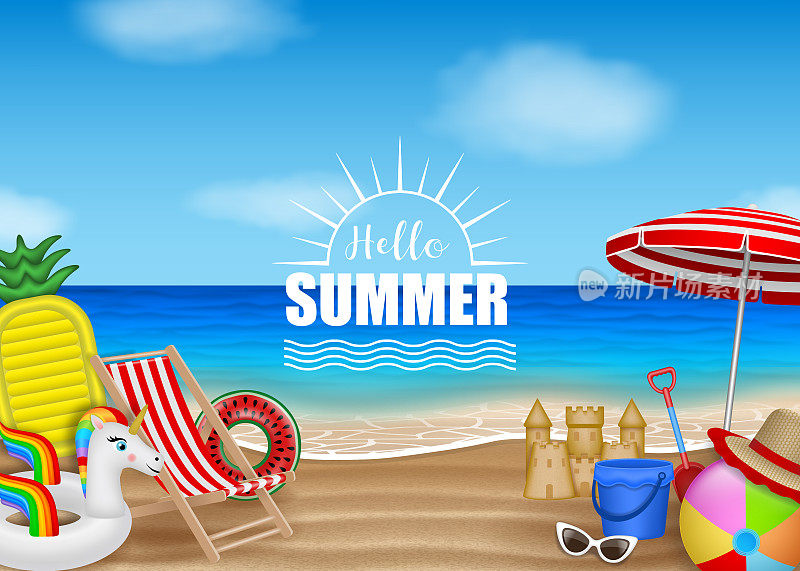 Hello summer poster with beach elements on sea background
